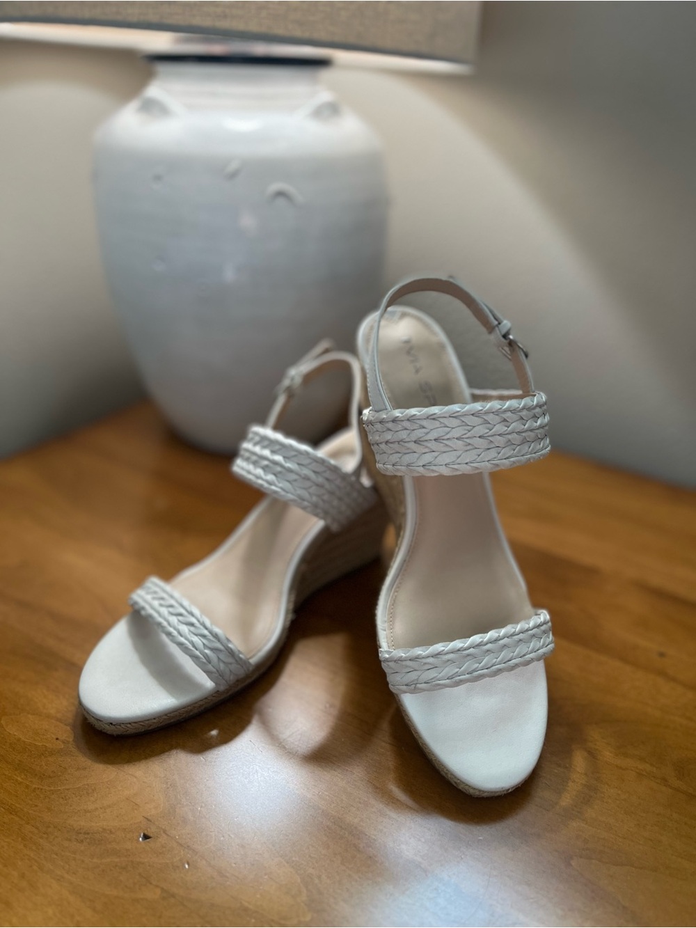 Via Spiga V-INDIRA, Milk LE White Leather Braided Strap Wedge Sandals